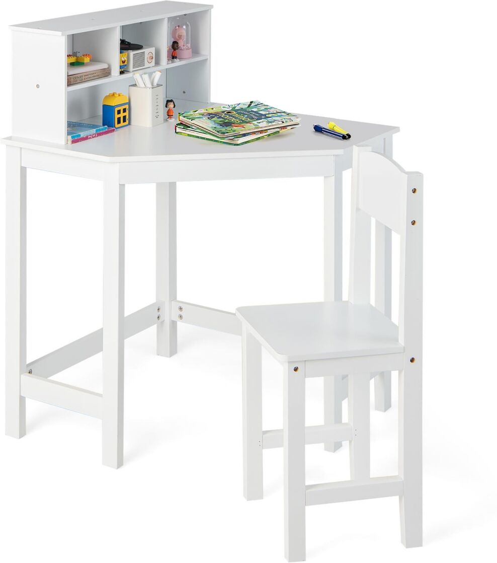 Costway Kids Corner Desk & Chair Set Wooden Study Writing Workstation - White