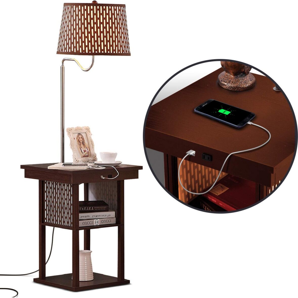 Brightech Madison Table & Led Lamp Combo with Usb Port and Outlet - Havana Brown/pattern