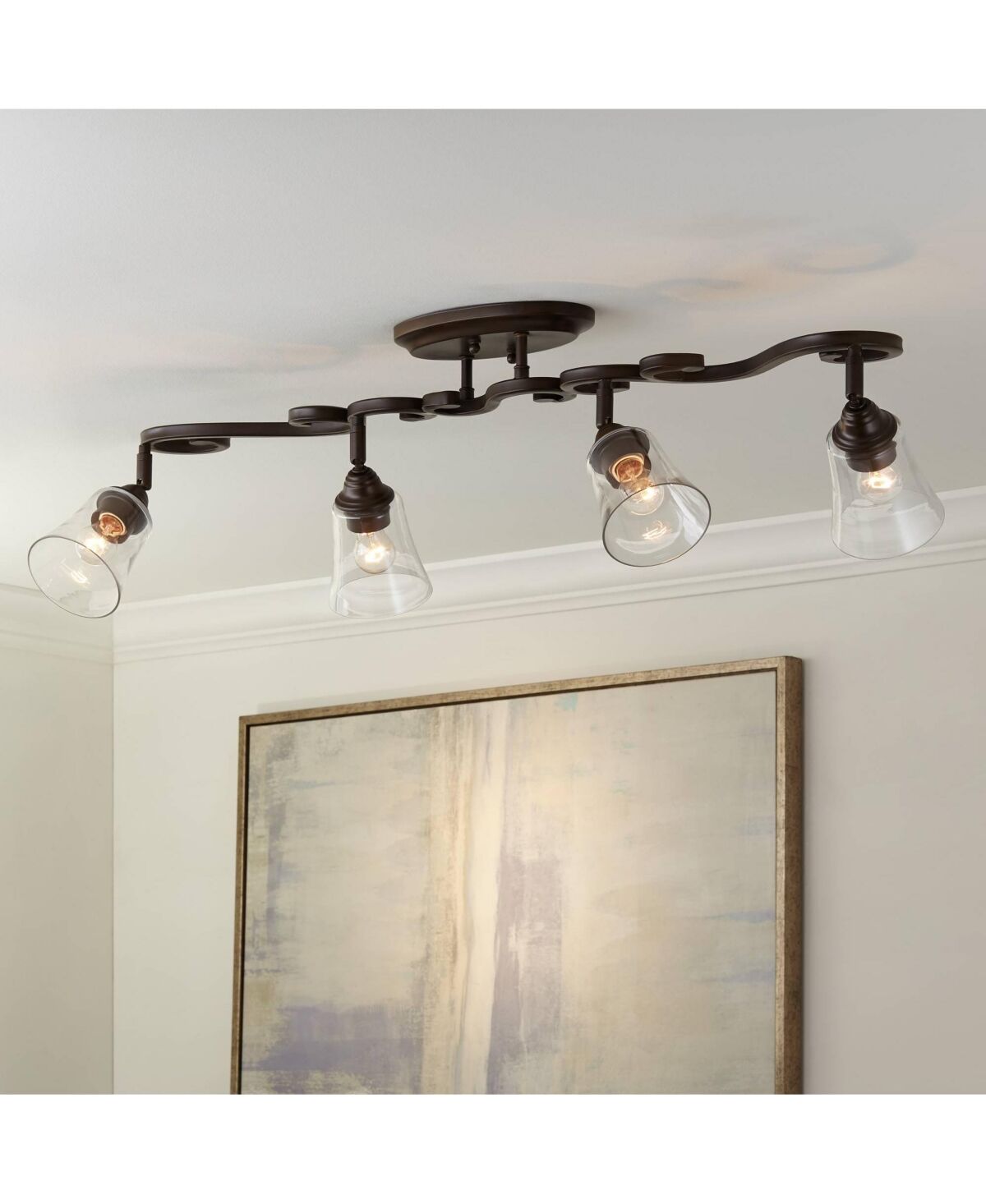 Pro Track Myrna 4-Head Ceiling or Wall Track Light Fixture Kit Directional Brown Bronze Finish Glass Modern Industrial Scroll Kitchen Bathroom Living Room Dinin