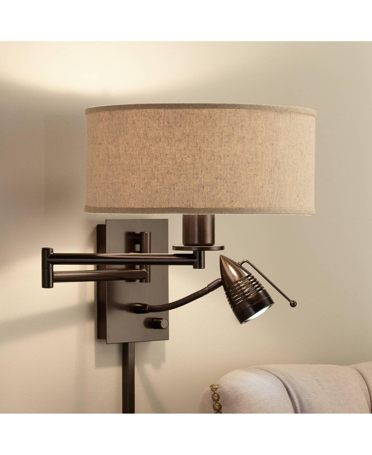 Possini Euro Design Radix Modern Swing Arm Adjustable Wall Lamp With Cord Led Bronze Plug-In Light Fixture Oatmeal Fabric Drum Shade Bedroom Bedside House Reading Living