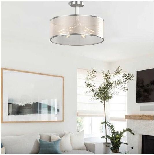 Slickblue 6-Light Semi Flush Mount Ceiling Light Pendant Lamp With Fabric Drum-Shaped Shade - Clear, silver