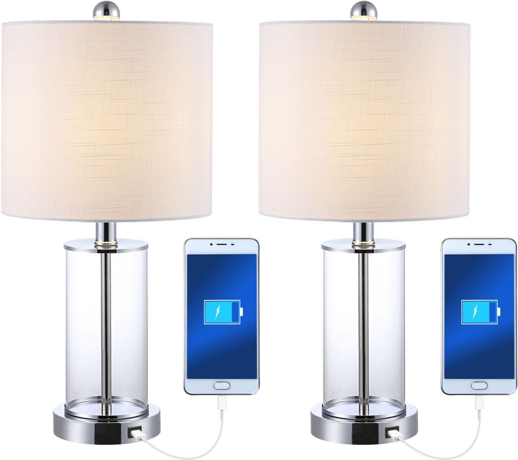 Jonathan Y Abner Glass Modern Contemporary Usb Charging Led Table Lamp, Set of 2 - Silver-tone