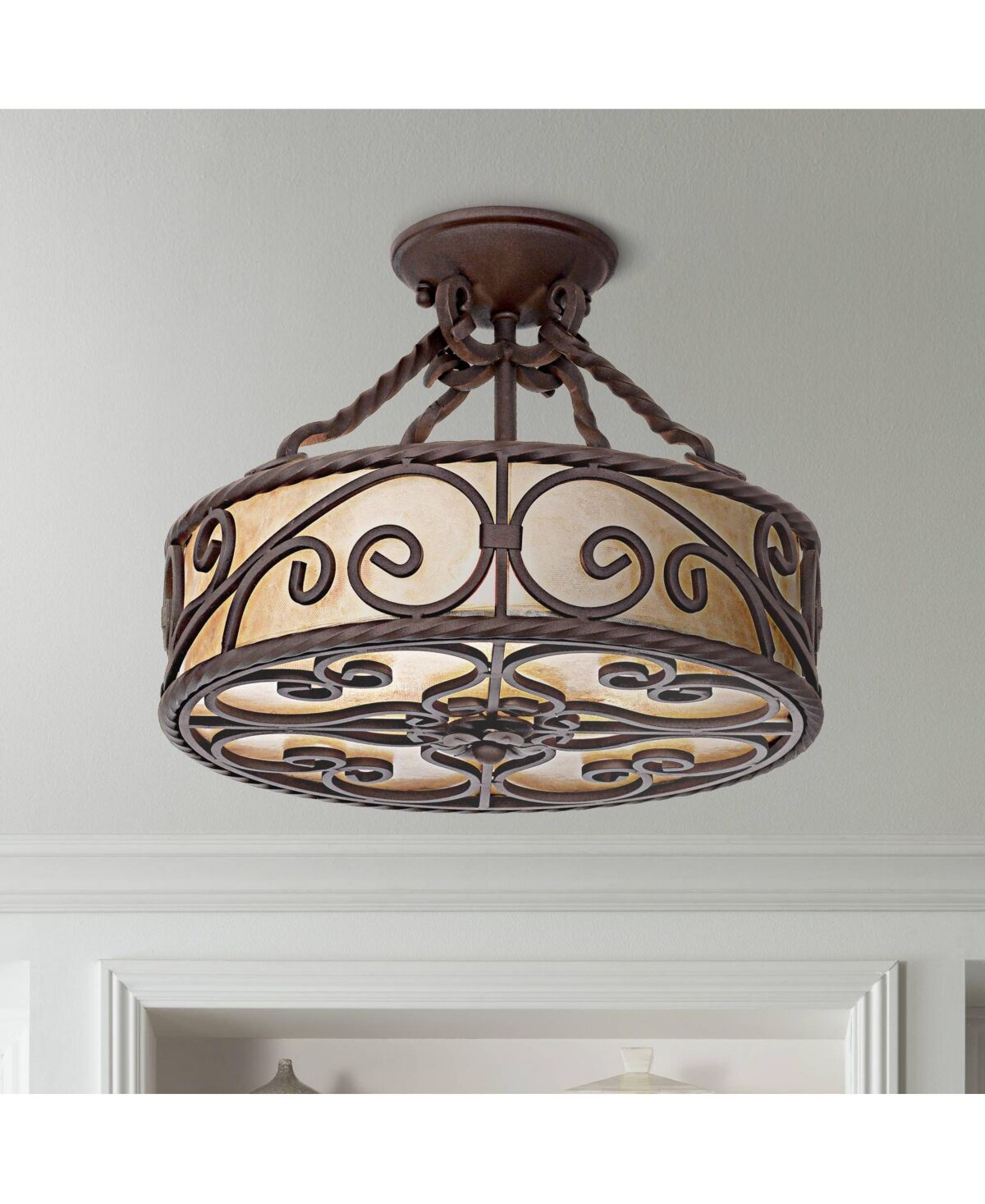 John Timberland Natural Mica Collection Rustic Ceiling Light Semi-Flush Mount Fixture Deep Walnut Scroll 15