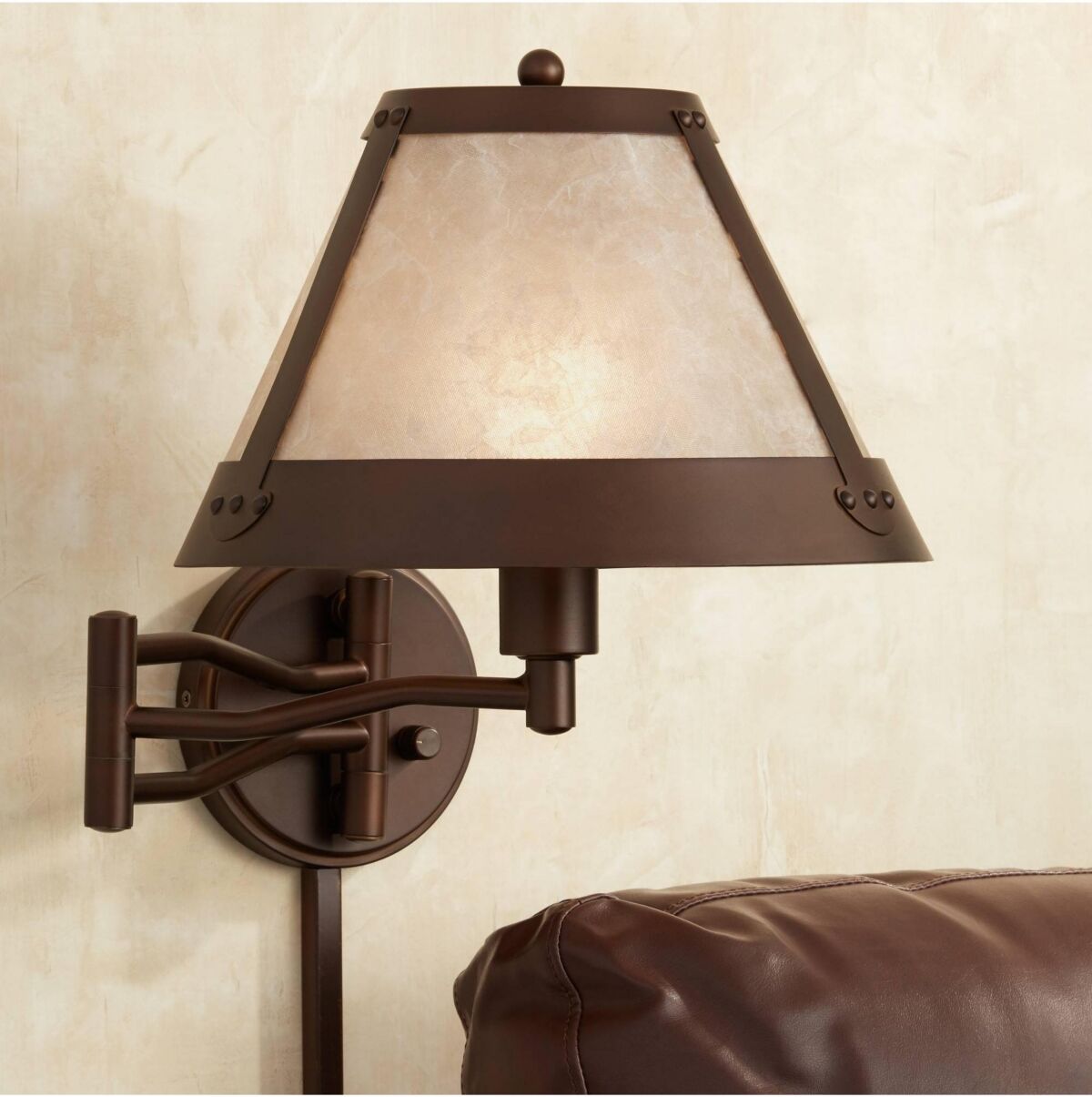 Franklin Iron Works Samuel Rustic Mission Swing Arm Wall Lamp Industrial Bronze Plug-In Light Fixture Natural Blonde Mica Mineral Shade for Bedroom Bedside House Reading