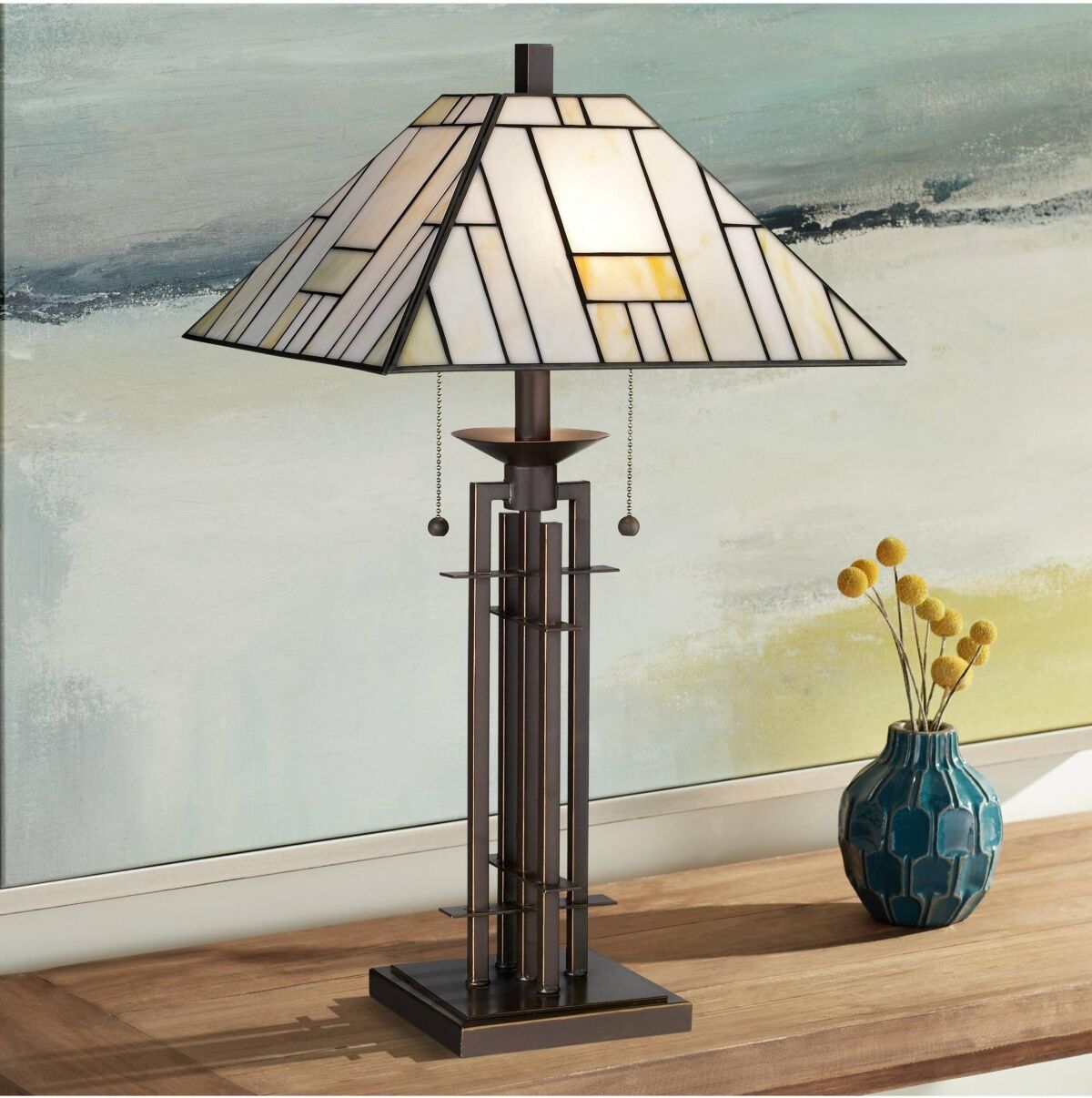 Franklin Iron Works Mission Tiffany Style Table Lamp Art Deco 26.25