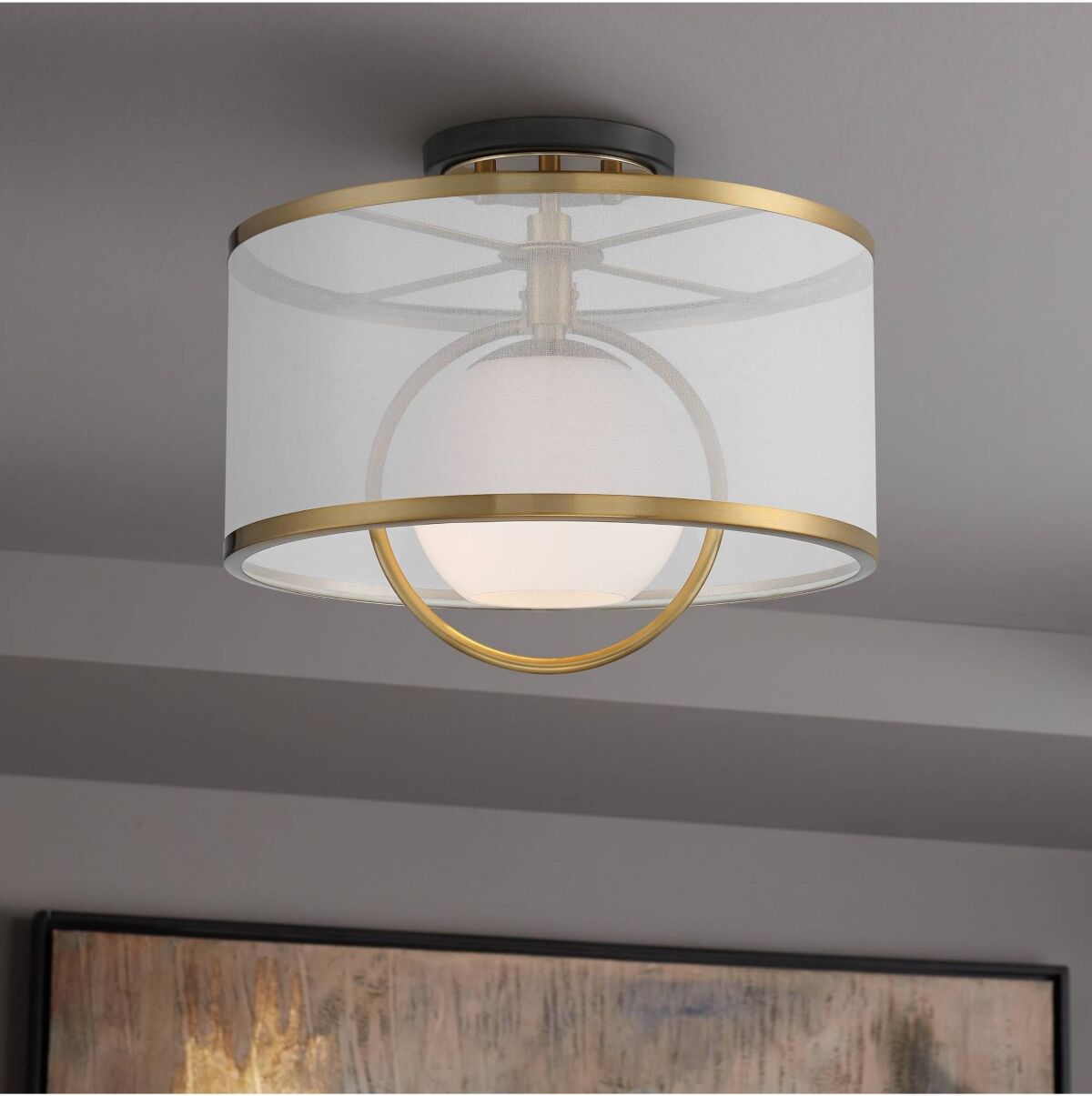 Possini Euro Design Carlyn Modern Art Deco Ceiling Light Semi-Flush Mount Fixture Warm Antiqued Brass Black 14