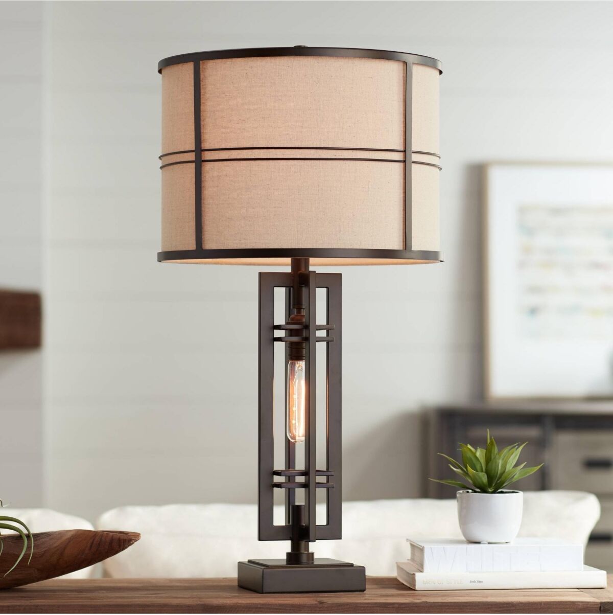 Franklin Iron Works Elias Mid Century Modern Industrial Table Lamp with Nightlight 28