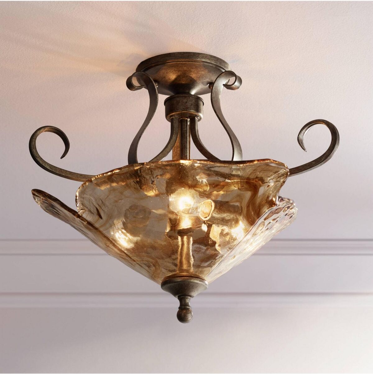 Franklin Iron Works Amber Scroll Rustic Ceiling Light Semi Flush Mount Fixture Golden Bronze 20 1/4