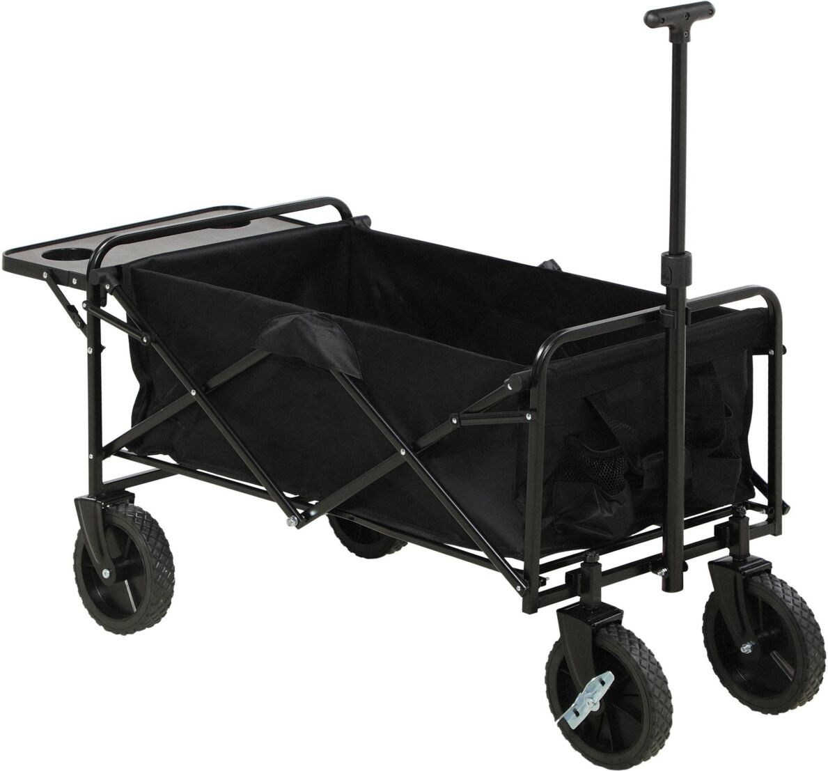 Outsunny Collapsible Wagon with Adjustable Handle, Folding Table and Cup Holders, Heavy Duty Garden Carts with Wheels, Black - Black