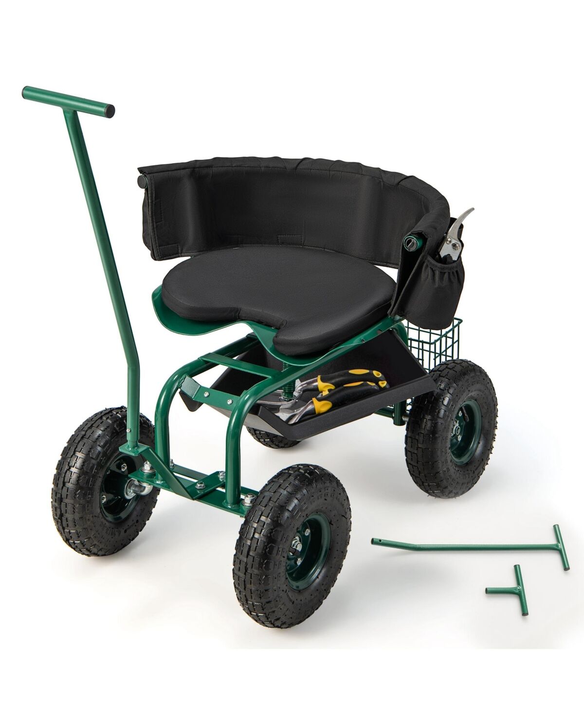 Costway Rolling Garden Cart Outdoor Gardening Workseat with Adjustable Height &Tool Storage - Green