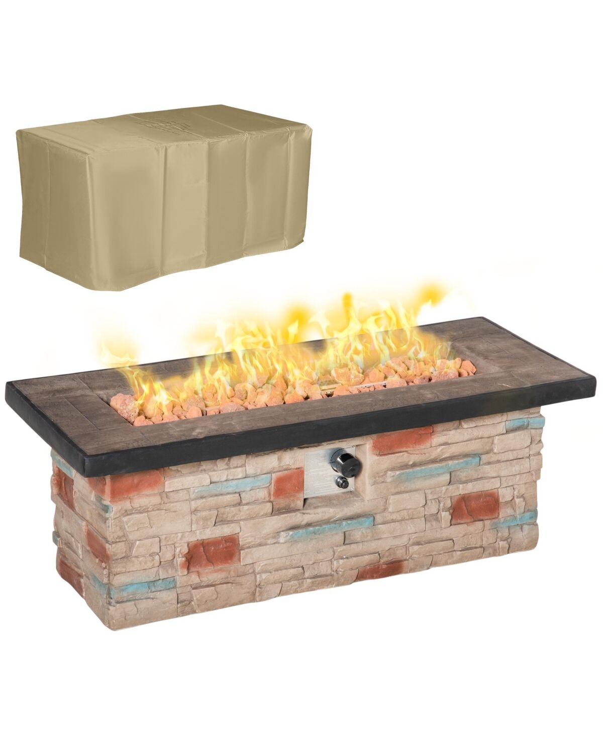 Outsunny 48 Inch Outdoor Propane Gas Fire Pit Table, 50,000 Btu Auto-Ignition Rectangular Faux Ledge Stone Gas Firepit with Lava Rocks and Rain Cover,