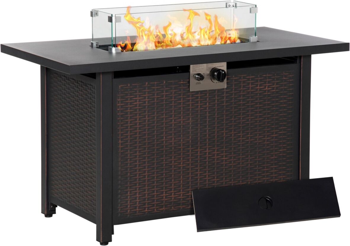 Outsunny 43 Inch Outdoor Propane Gas Fire Pit Table, 50,000 Btu Auto-Ignition Rectangular Wicker-effect Gas Firepit with Glass Wind Guard, Lid, Glass