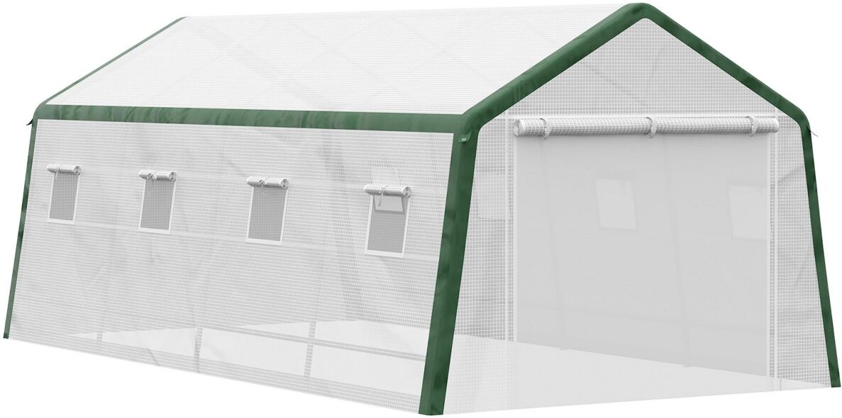 Outsunny 20' x 10' x 8' Heavy-duty Greenhouse with Mesh Door and 8 Windows, Walk-in Hot House, Pe Cover, Steel Frame, White - White