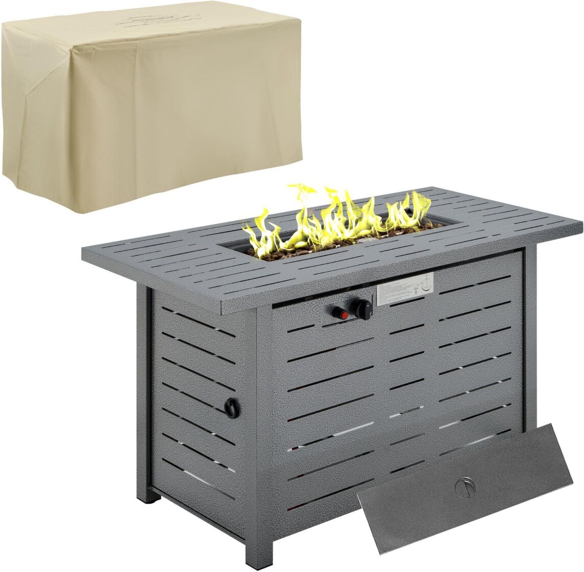 Outsunny 42 Inch Outdoor Propane Gas Fire Pit Table, 50,000 Btu Auto-Ignition Rectangular Gas Firepit with Slat Tabletop, Lid, Lava Rocks, Rain Cover,