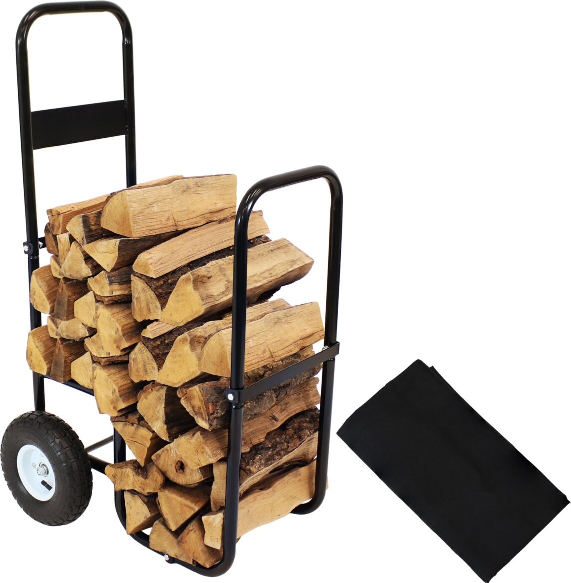 Sunnydaze Decor Steel Log Cart Carrier and Storage Rack with Wheels and Cover - Black