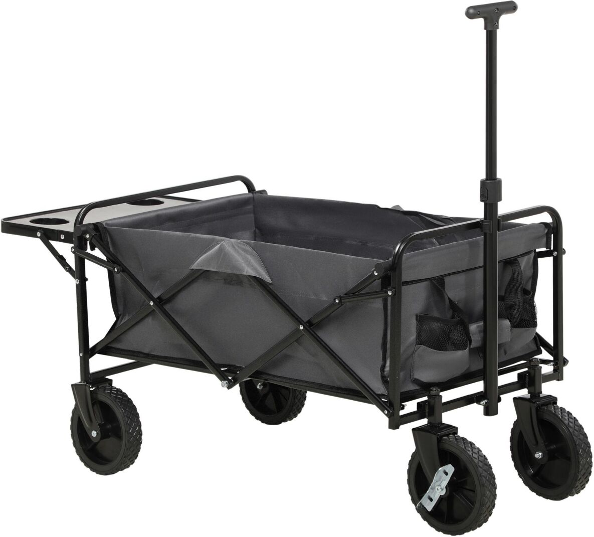 Outsunny Collapsible Wagon with Adjustable Handle, Folding Table and Cup Holders, Heavy Duty Garden Carts with Wheels, Dark Gray - Dark gray