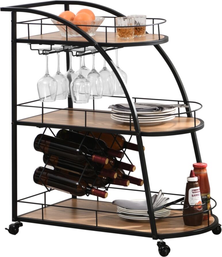 Simplie Fun Black Industrial Mobile Bar Cart Serving Wine Cart with Wheels, 3-tier Metal Frame Elegant Wine Rack for Kitchen, Party, Dining Room and Living Room -