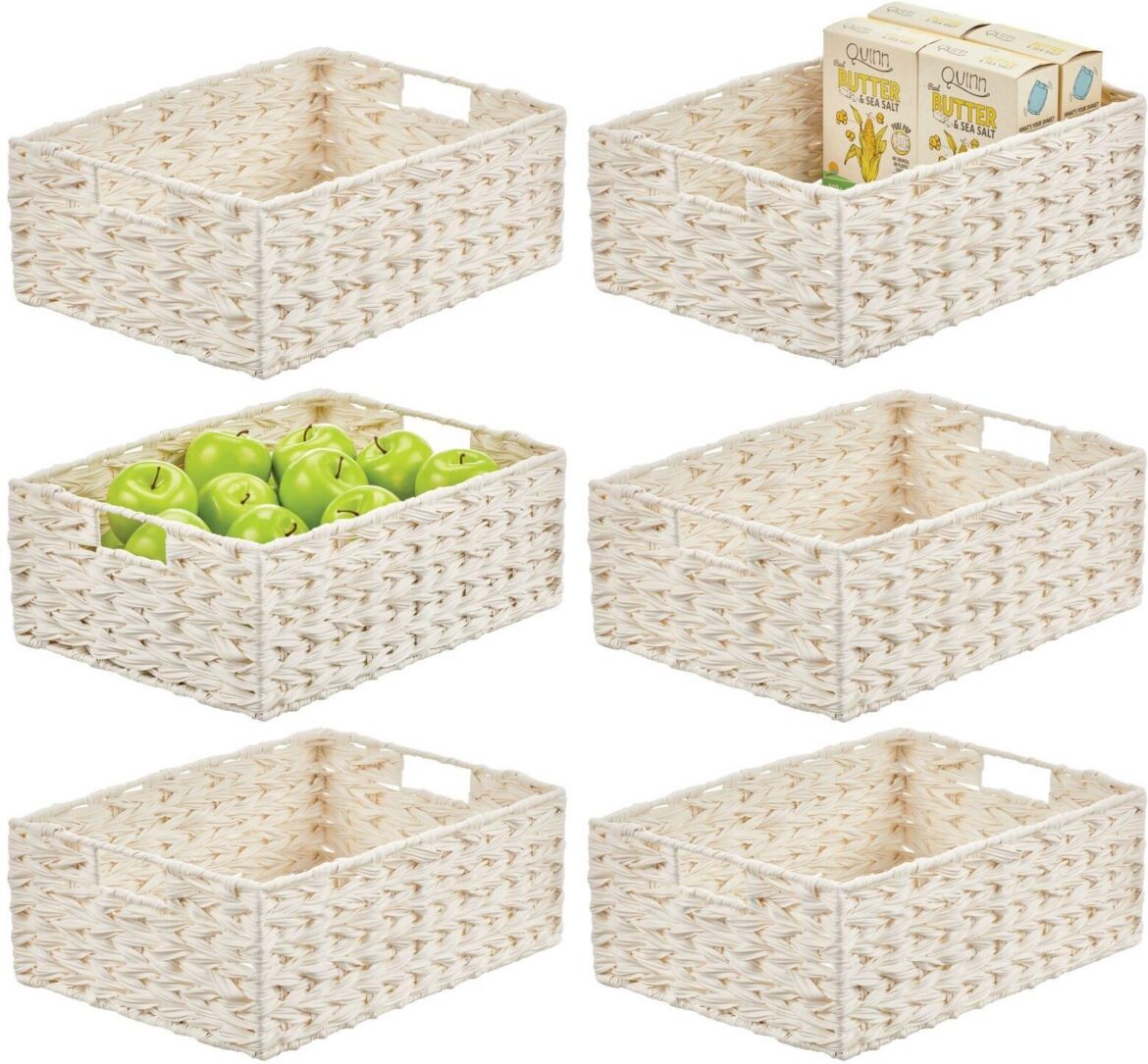 mDesign Woven Farmhouse Kitchen Pantry Food Storage Basket Box, Large - 6 Pack, White - White