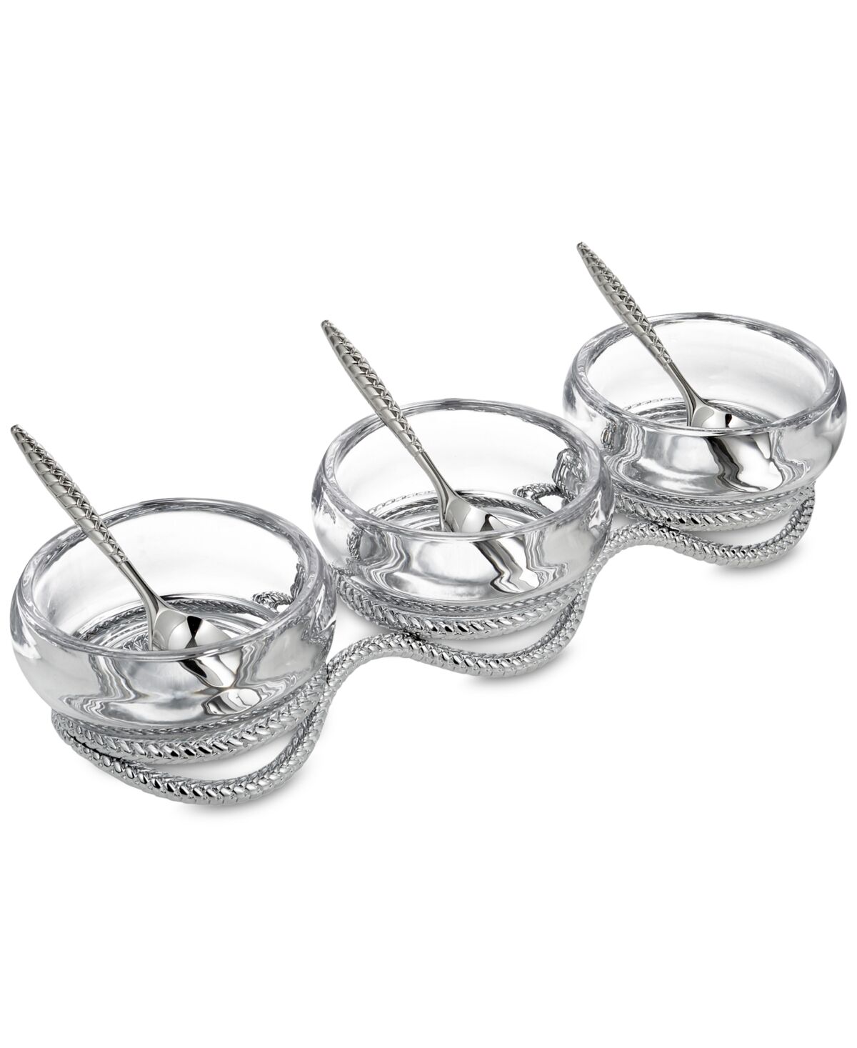 Nambe Braid Triple Condiment Set with Spoons - Clear And Silver