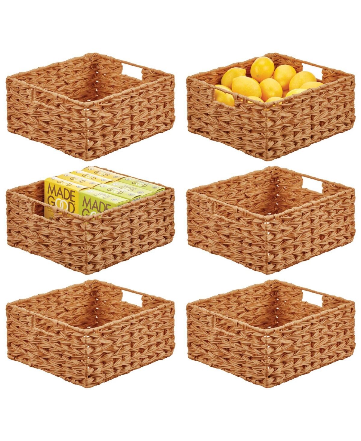 mDesign Woven Farmhouse Kitchen Pantry Food Storage Basket Box, Medium - 6 Pack, Camel Brown - Camel