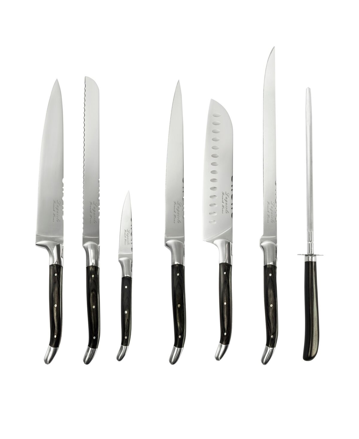 French Home Connoisseur Laguiole Kitchen Knife with Knife Sharpener, Set of 7 - Black