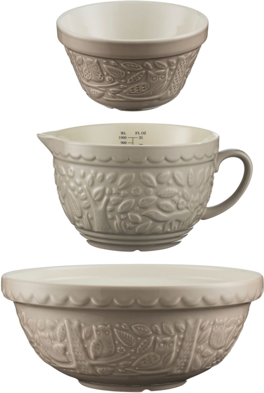 Mason Cash In the Forest Owl Mixing, Measuring and All-Purpose Bowls, Set of 3 - Stone