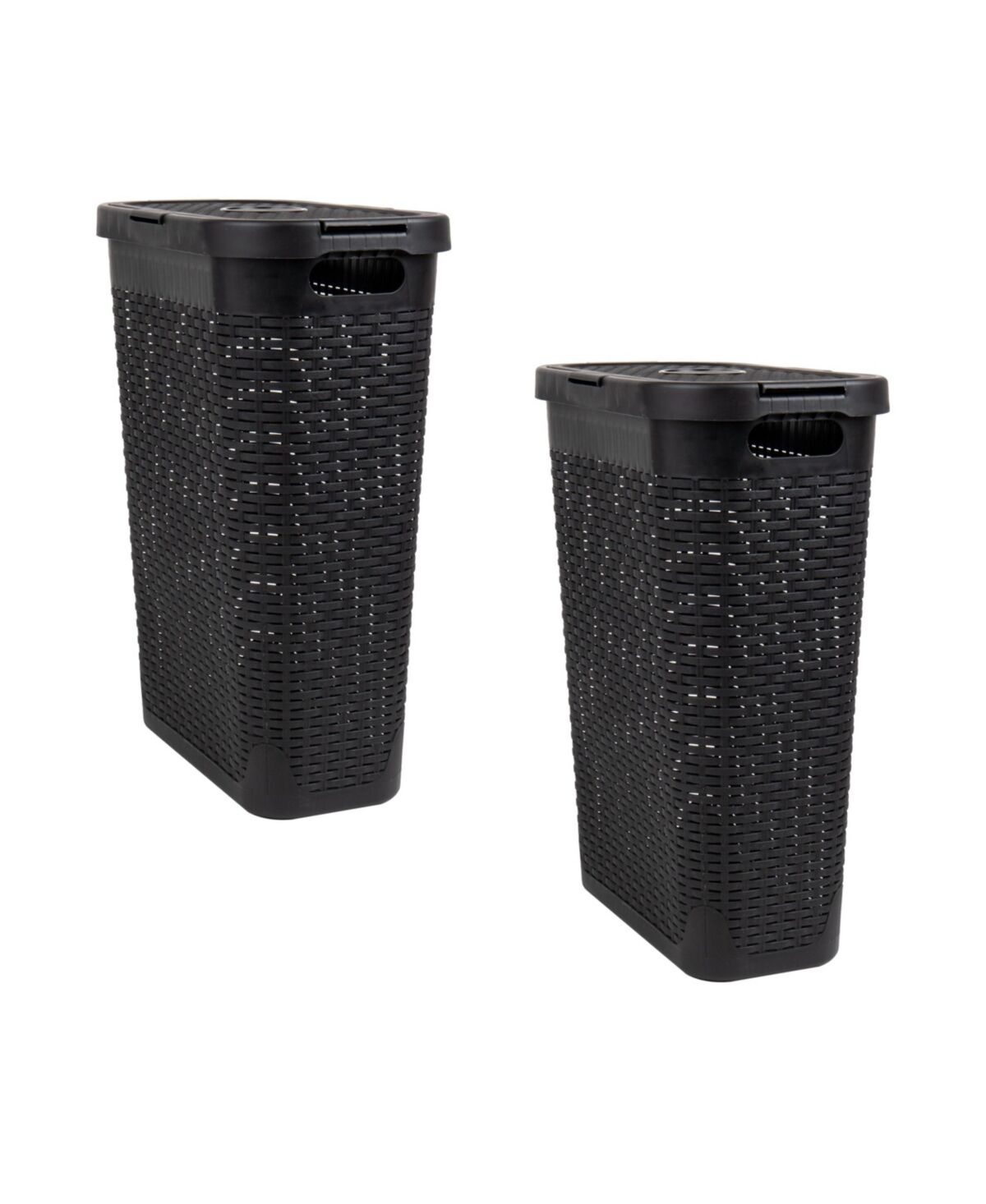 Mind Reader Basket Collection, Slim Laundry Hamper, 40 Liter 15kg, 33lbs Capacity, Cut Out Handles, Attached Hinged Lid, Ventilated, Set of 2 - Black