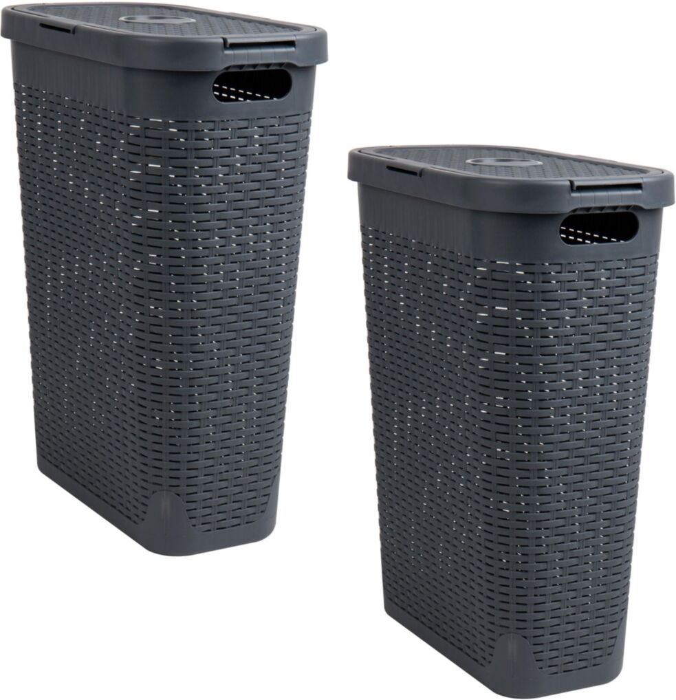 Mind Reader Basket Collection, Slim Laundry Hamper, 40 Liter 15kg, 33lbs Capacity, Cut Out Handles, Attached Hinged Lid, Ventilated, Set of 2 - Gray