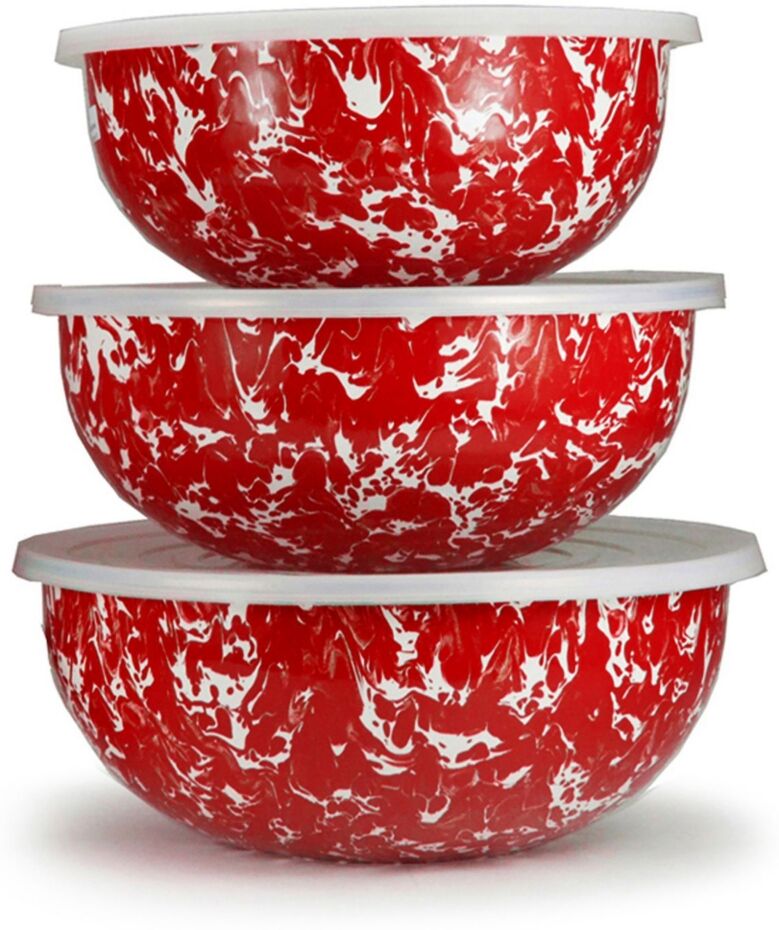 Golden Rabbit Red Swirl Enamelware Collection Mixing Bowls, Set of 3 - Red