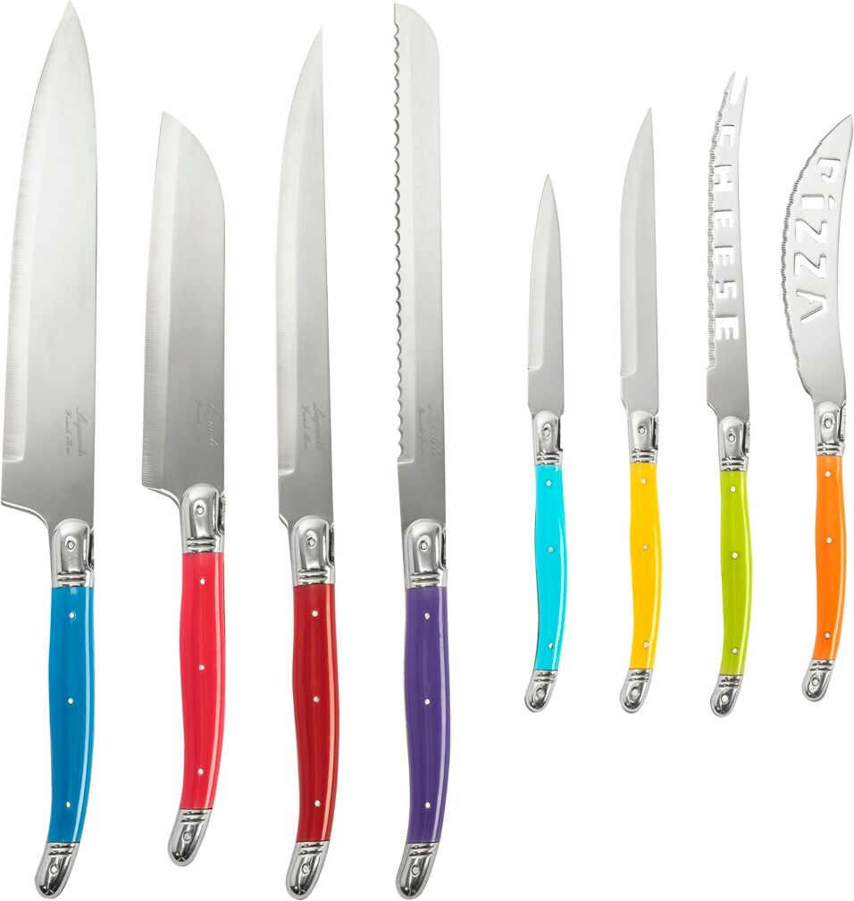 French Home Laguiole Kitchen Knife with Wood Block, Set of 8 - Rainbow