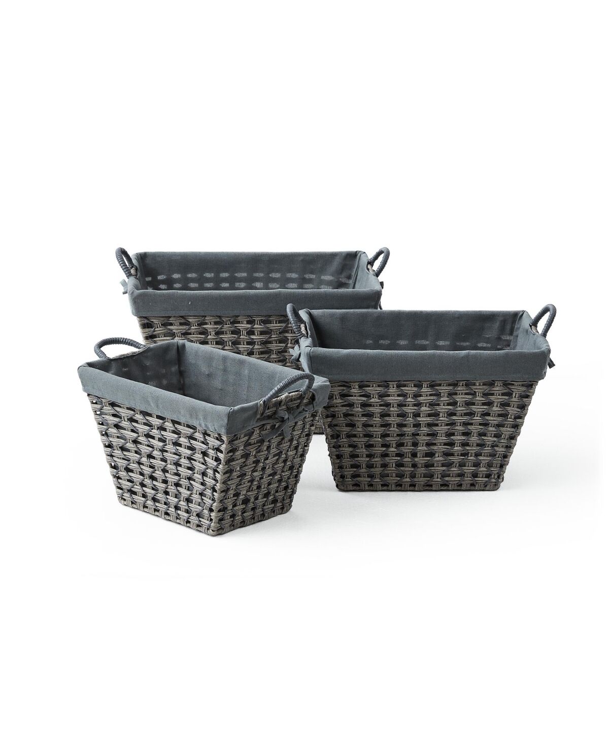 Baumatic 3 Piece Tapered Rectangular Storage Set in Open Weave with Ear Handles and Overlap Lift-Off Liner - Gray