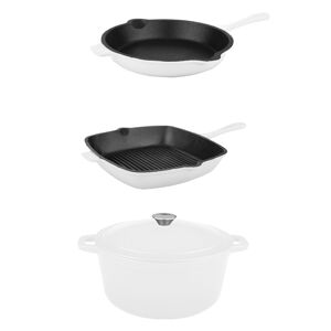 Berghoff Neo Cast Iron Fry Pan, Grill Pan and 5 Quart Covered Dutch Oven, Set of 3 - White