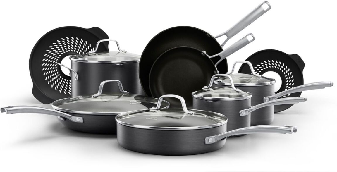 Calphalon Classic Hard-Anodized Nonstick Cookware 14-Piece Pots and Pans Set with No-Boil-Over Inserts - Black, Stainless Steel