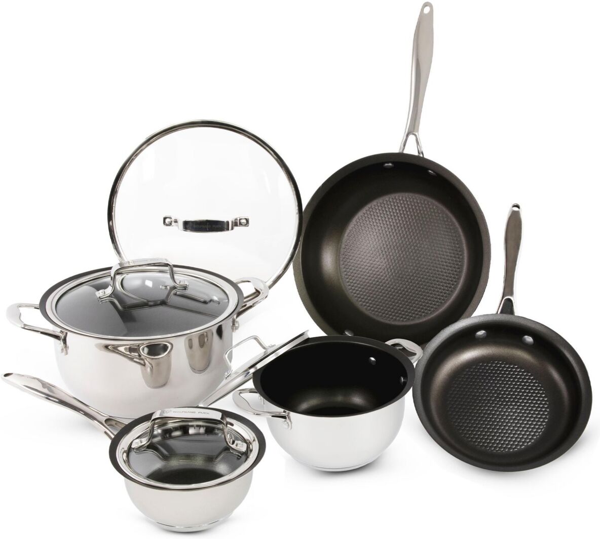 Wolfgang Puck 9-Piece Stainless Steel Cookware Set Scratch-Resistant Non-Stick Coating Includes Pots, Pans and Skillets Clear Lids and Cool Touch Hand