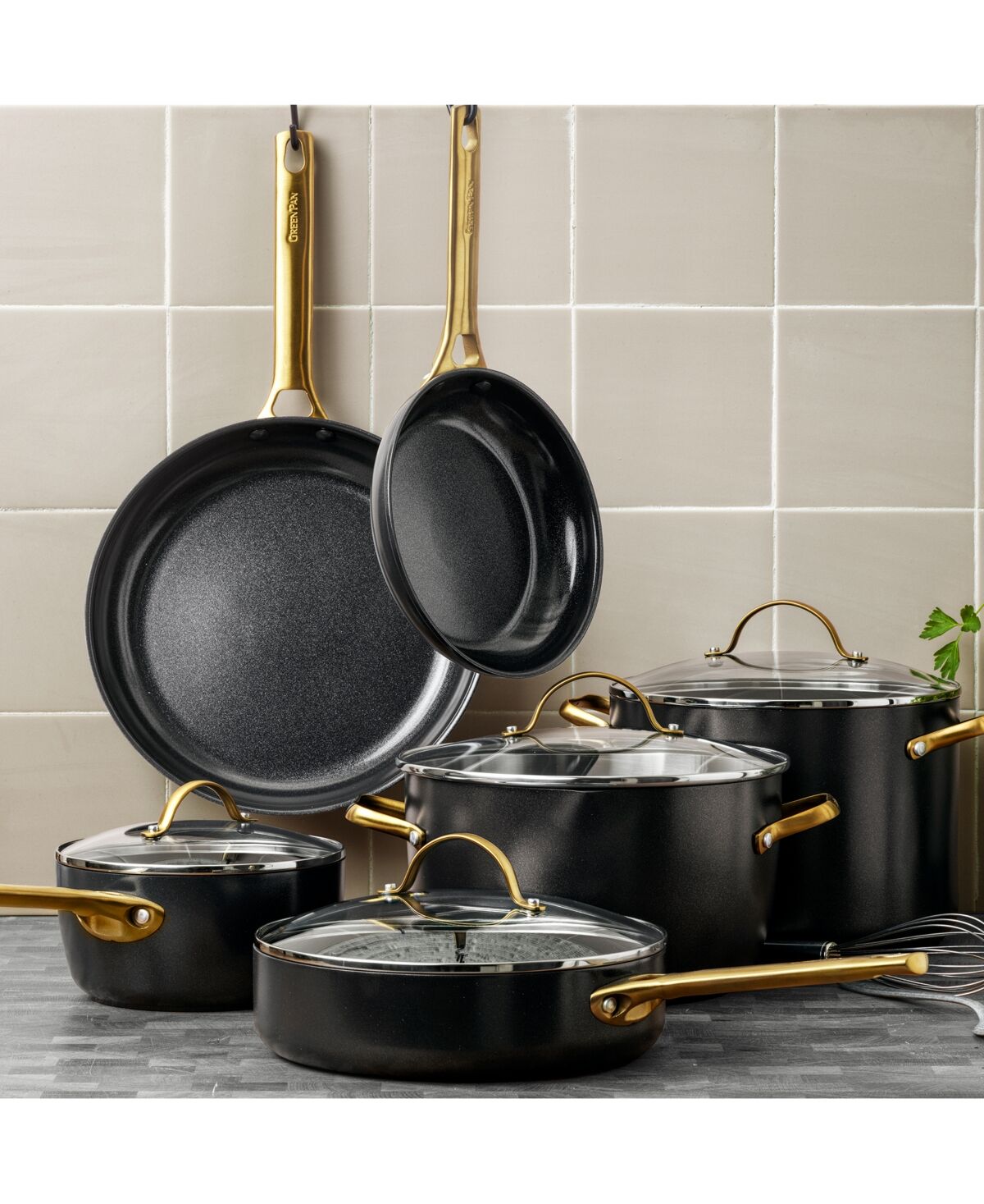 GreenPan Padova Reserve Healthy Ceramic Nonstick Cookware Set, 10 Piece - Black With Gold Handle