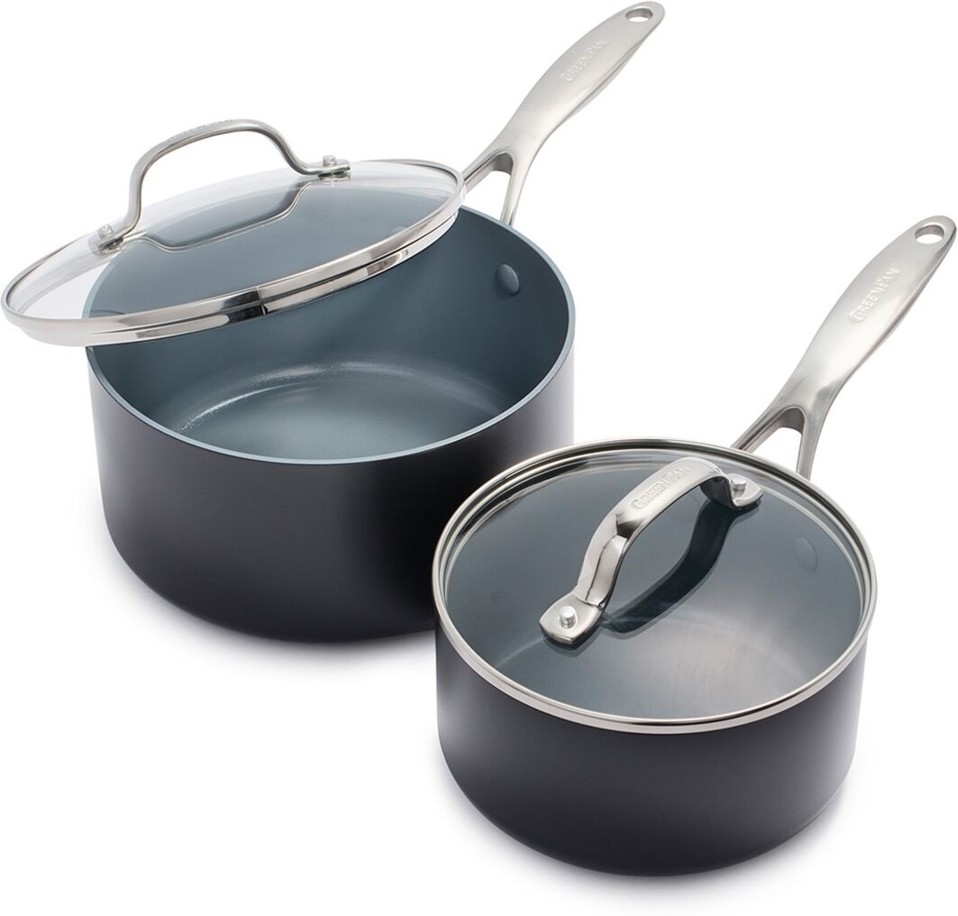 GreenPan Valencia Pro Hard Anodized Healthy Ceramic Nonstick 2-Quart and 3-Quart Saucepan Pot Set with Lids - Gray