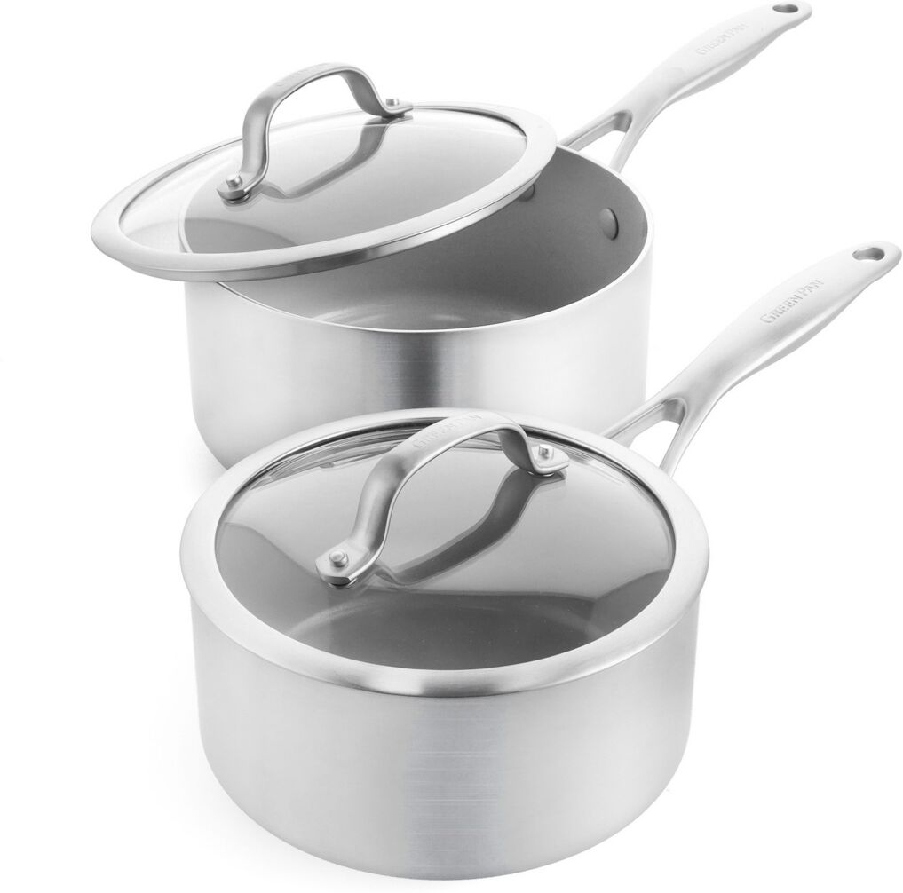 GreenPan Venice Pro Tri-Ply Stainless Steel Healthy Ceramic Nonstick 2-Quart, 3-Quart Saucepan Pot Set with Lids - Stainless Steel