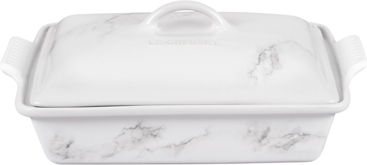 Le Creuset 4 Quart Stoneware Covered Rectangular Casserole with Marble Applique - White