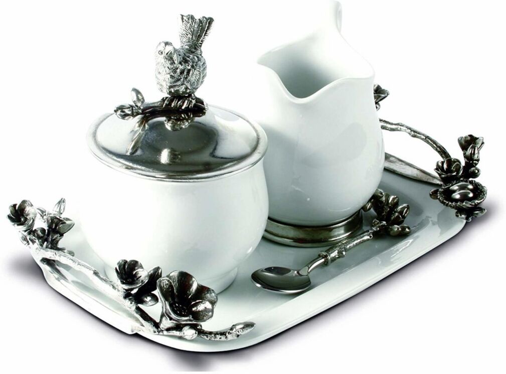 Vagabond House Stoneware Creamer Set - Pewter Song Bird Long Tray with Creamer, Sugar Bowl and Spoon - Pewter