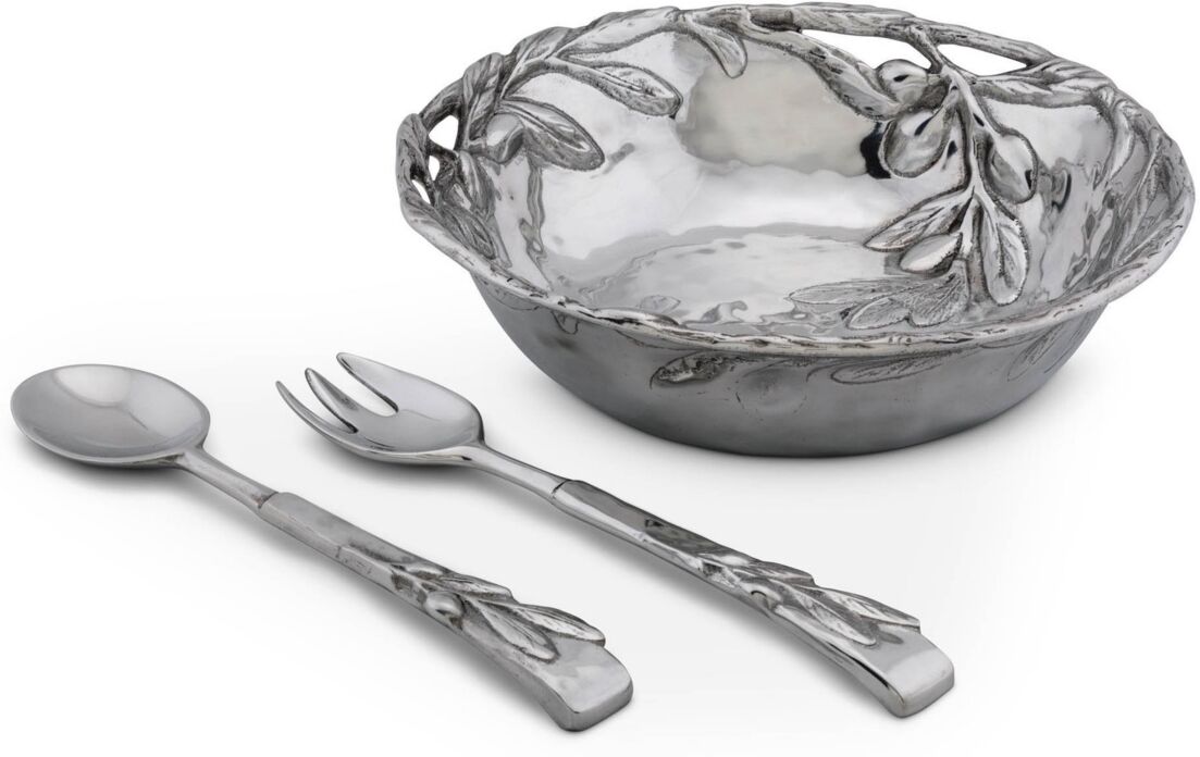 Arthur Court Sand-Cast Aluminum Salad Set, Olive Pattern, 3 Pieces Bowl Plus 2 Servers - Silver