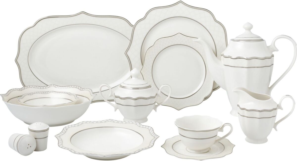 Lorren Home Trends 57 Piece Mix and Match Bone China Dinnerware Set, Service for 8 - Silver-Tone