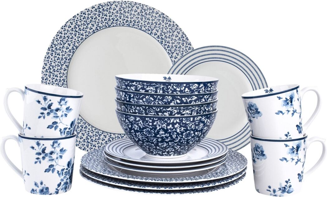 Laura Ashley Blueprint Collectables Dinner Set in Gift Box, 16 Pieces - White with Blue