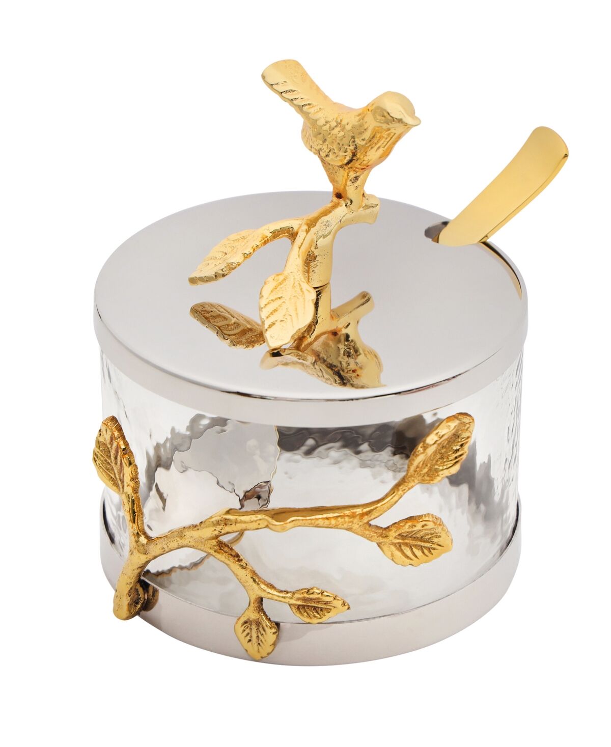 Godinger Signature Collection by Godinger Bird Glass Canister with Gold-Tone Accents Around Glass with Finial and Spoon, 23 oz - White