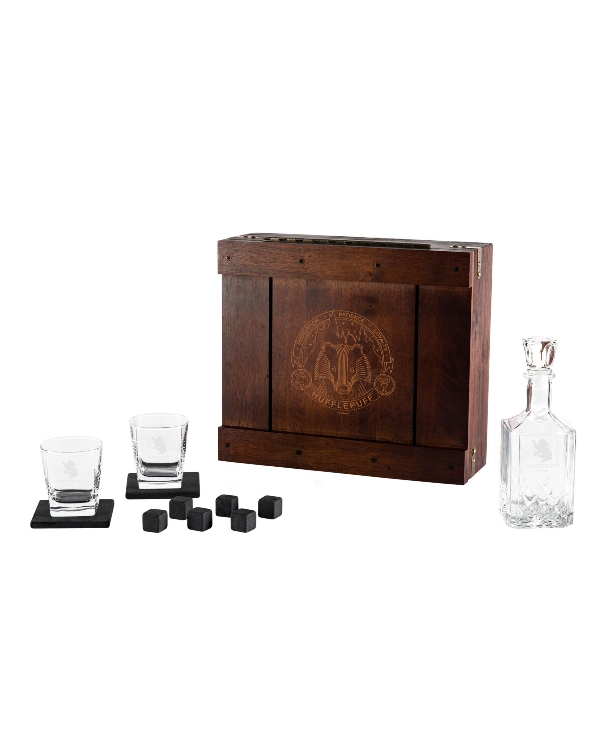 Legacy Harry Potter Hufflepuff Whiskey Box Gift 12 Piece Set with Decanter - Oak