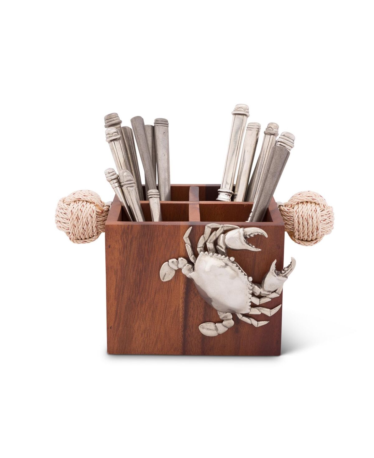 Vagabond House Caddy Square Acacia Wood Flatware, Serve Ware, Utensil, Carry-All Holder with Solid Pewter Crab Accent and Real Rope Handles, 4 Compart