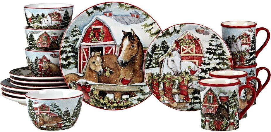 Certified International Homestead Christmas 16 Piece Dinnerware Set - Red, White