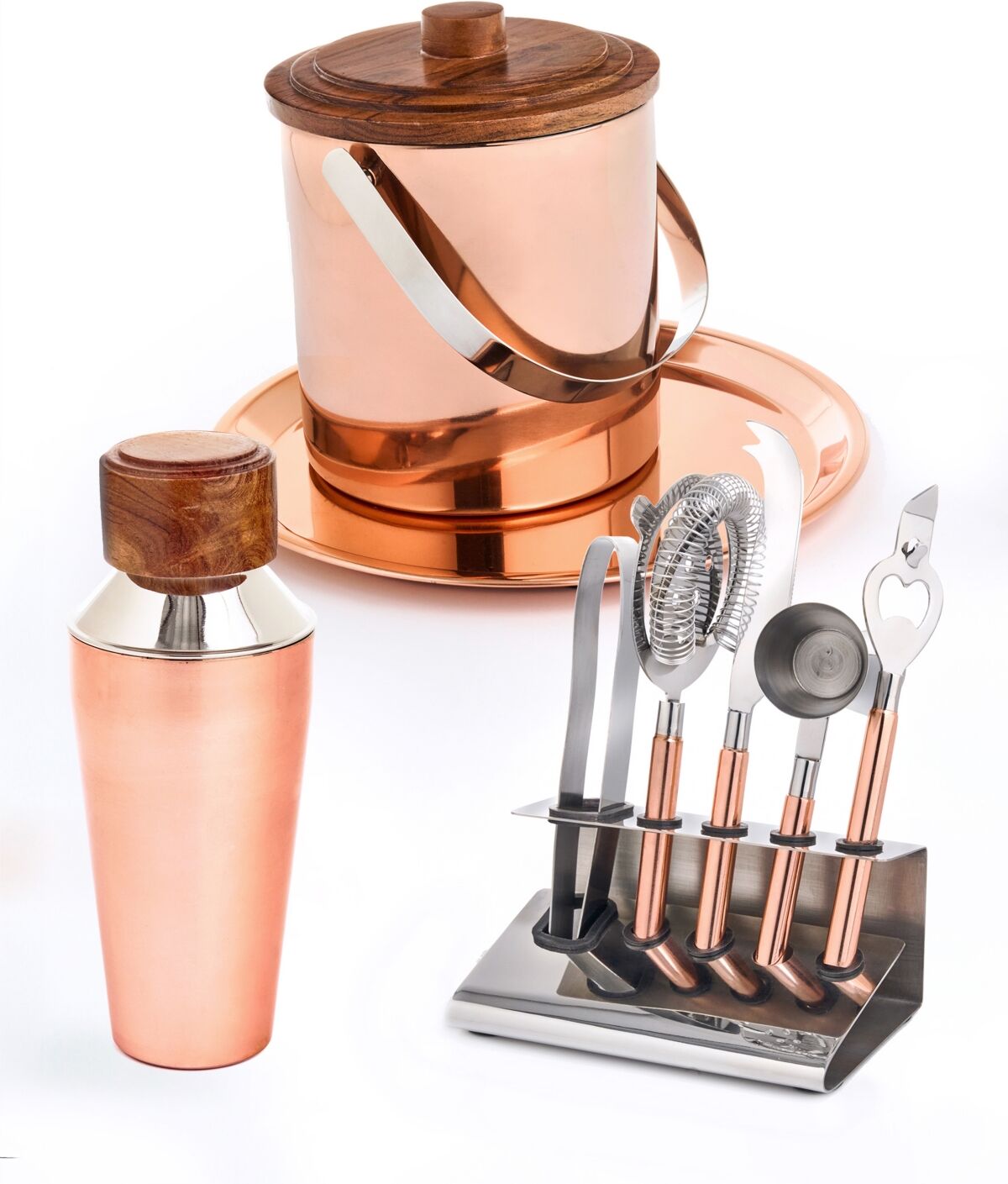 Godinger Signature Collection by Godinger Copper 9 Piece Stainless Bar Set Crafted From High Quality Stainless with Acacia Wood Accents - Orange