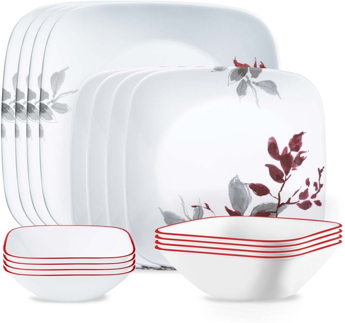 Corelle Square Kyoto Leaves 16 Piece Dinnerware Set, Service for 4 - White