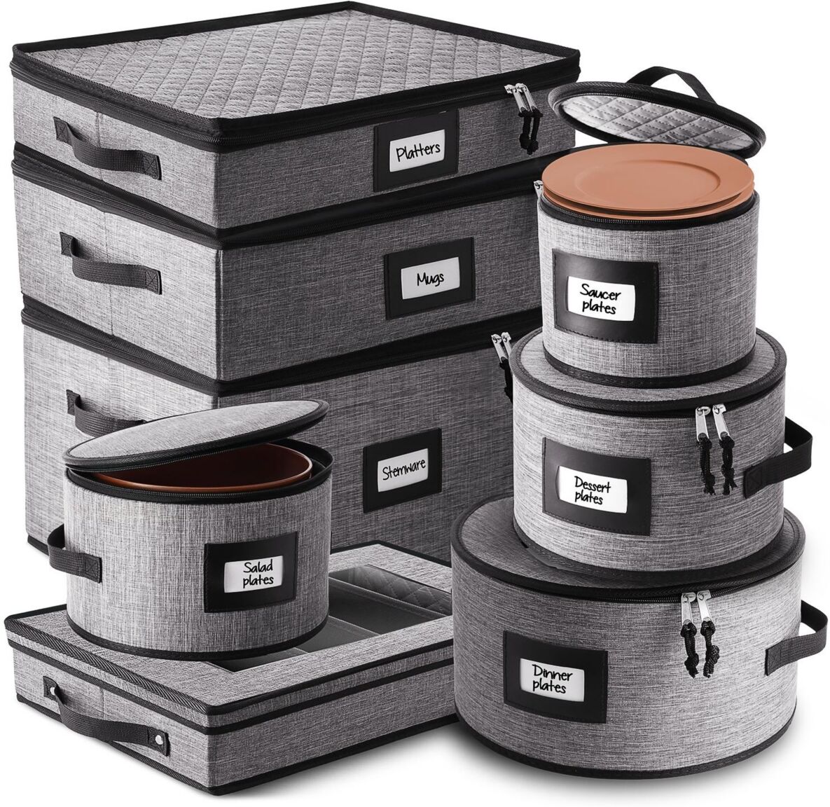 Storagebud 8 Piece Hard Shell Complete Dinnerware Storage set - Holds 12 Servings of Plates, cups, Platters, stemware and cutlery - Grey  black