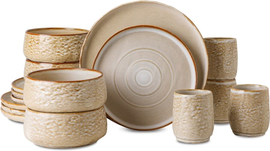 Pro-Ject Stone by Mercer Project Shosai Stoneware 16 Pieces Dinnerware Set, Service for 4 - Sand